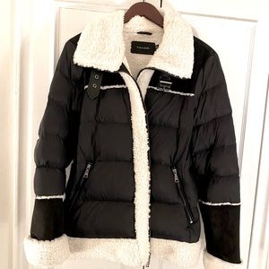 TAHARI Women's moto style faux fur lined mixed media puffer jacket